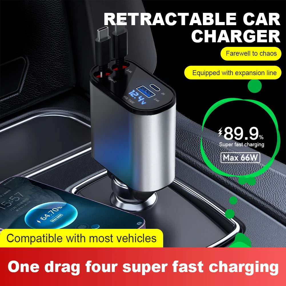 chargeur voiture 4-en-1 avec câble rétractable