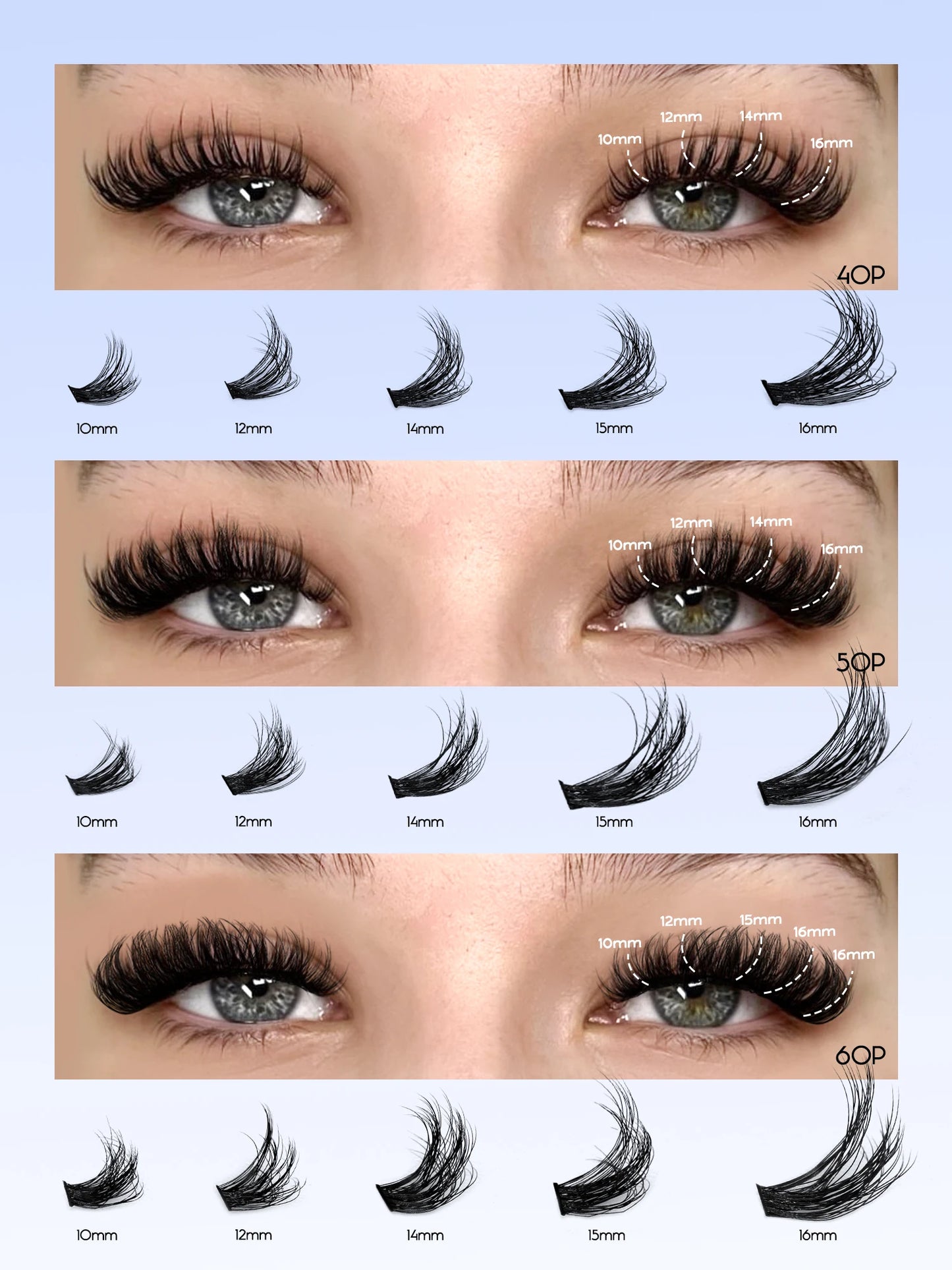 Extensions de cils avec longueurs mixtes 10-18mm